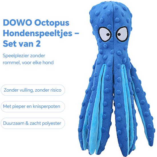 Blauwe DOWO octopus hondenspeeltje zonder vulling, met pieper en knisperpoten.