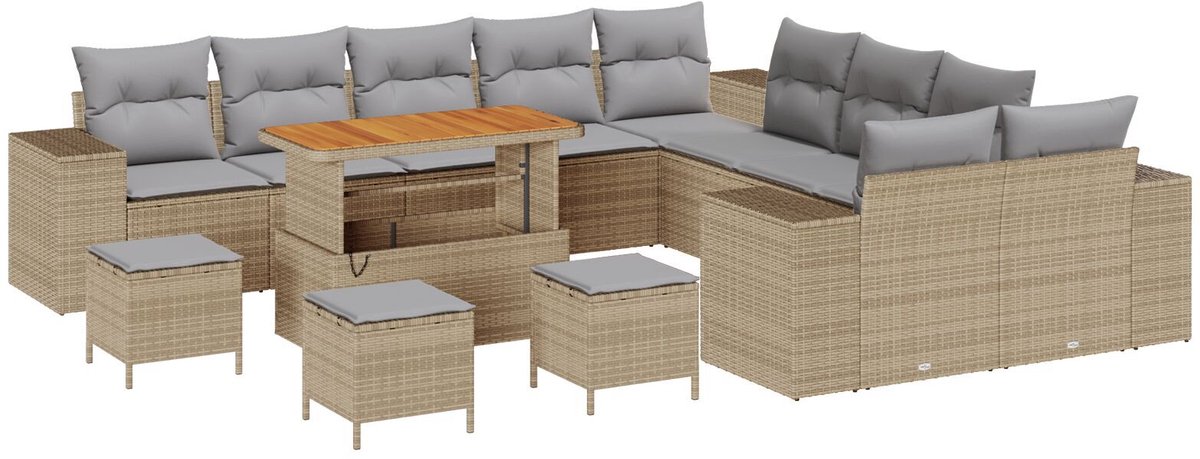 vidaXL - Tuinbank - Set - met - kussen - 13 - pcs - Beige - en - Lichtgrijs - poly - rattan