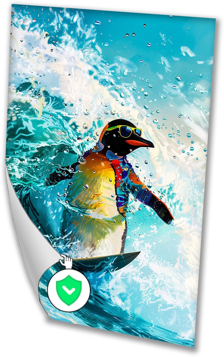 Pinguïn surft op grote golf - Pinguïn poster - Poster surfen - Surrealistisch - Wanddecora