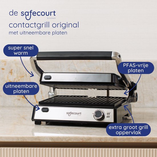Safecourt contactgrill original met uitneembare platen. De grill is snel warm, heeft PFAS-vrije platen en een groot grilloppervlak.