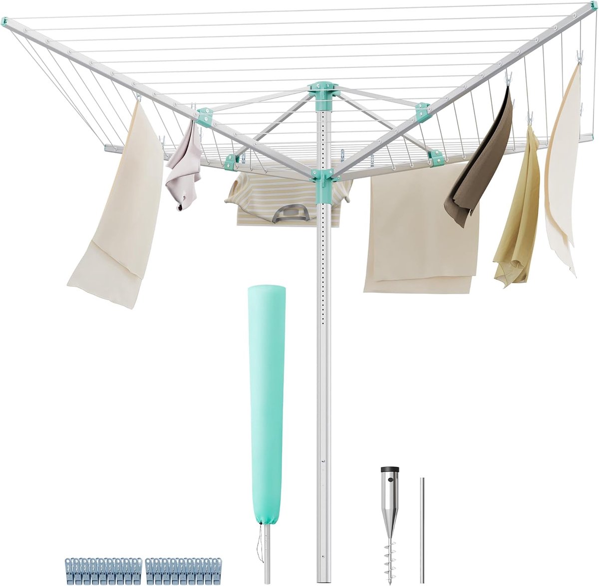 Furnstar - Droogrek in hoogte verstelbaar 60 m waslijn voor 6 wasmachineladingen outdoor tuin met bodemhuls wasknijpers zilver-groen LLR302E01
