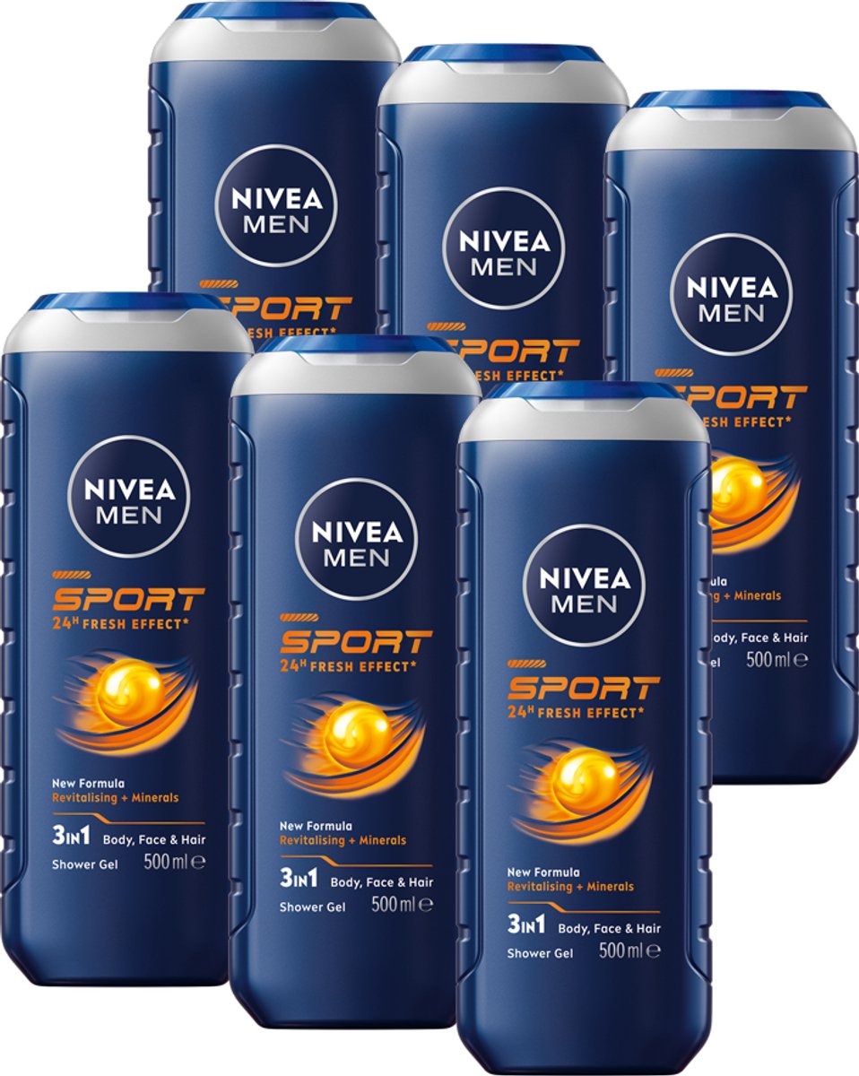 Goedkoopste NIVEA MEN Sport Douchegel - 3-in-1 Shower Gel Met Limoengeur - Shampoo - Voordeelverpakking - 6 x 500 ml