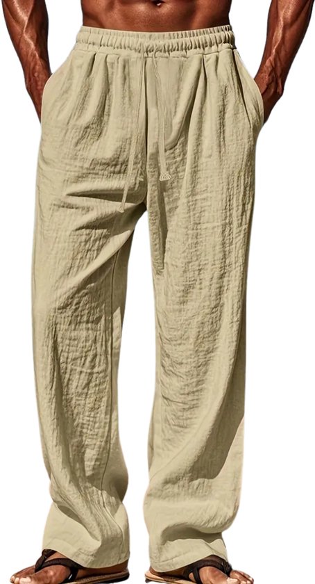 Pantalon en lin Nivard pour homme - Pantalon d'été - Adultes - Pantalon long - Pantalon de plage - Été - Style Ibiza - Beige - Taille S