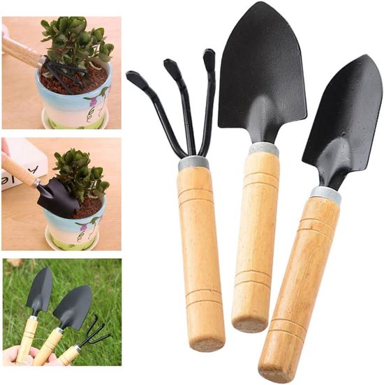 Mini plant tuingereedschap 3 stuks met houten handvat van Merkloos	 — afbeelding 2