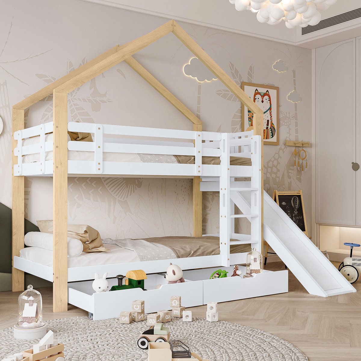 Stapelbed met glijbaan en hoekladder - Kinderbed met valbeveiliging en 2 lades - massief hout - wit - 90x200cm - zonder matras