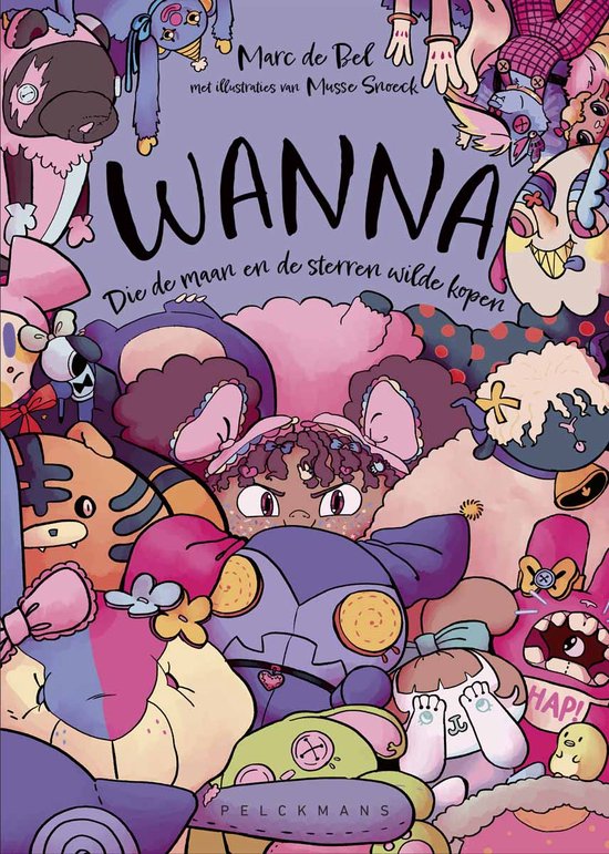 Boekomslag 'Wanna' met levendige, ronde illustraties van vreemde wezens en de tekst 'Wanna' in grote letters.