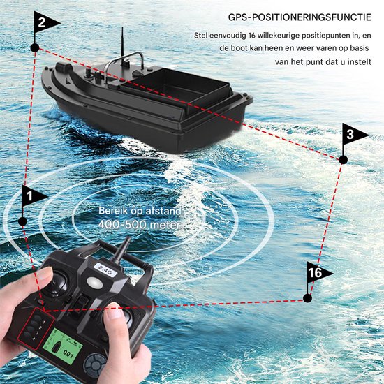 GPS Voerboot met 16 Geheugenpunten - 500M Bereik - 2KG Laadvermogen - LCD Afstandsbediening Baitboot– Nachtverlichting - 10000mAh - Inclusief Draagtas — afbeelding 5