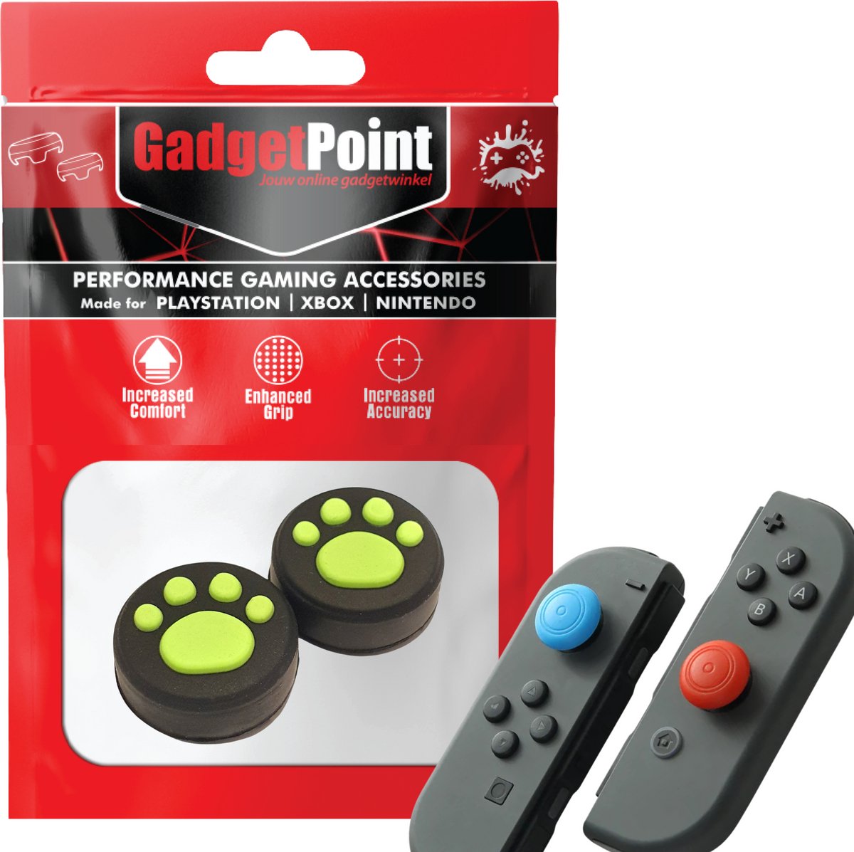 Gadgetpoint | Gaming Thumb Grips | Performance Thumbsticks | Accessoires geschikt voor Nintendo Switch Joy-Con Controller(s) | Thumbgrips | Pootjes - Zwart/Lichtgroen