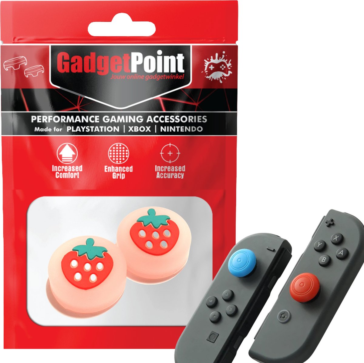 Gadgetpoint | Gaming Thumb Grips | Performance Thumbsticks | Accessoires geschikt voor Nintendo Switch Joy-Con Controller(s) | Thumbgrips | Aardbeien - Oranje met Rood