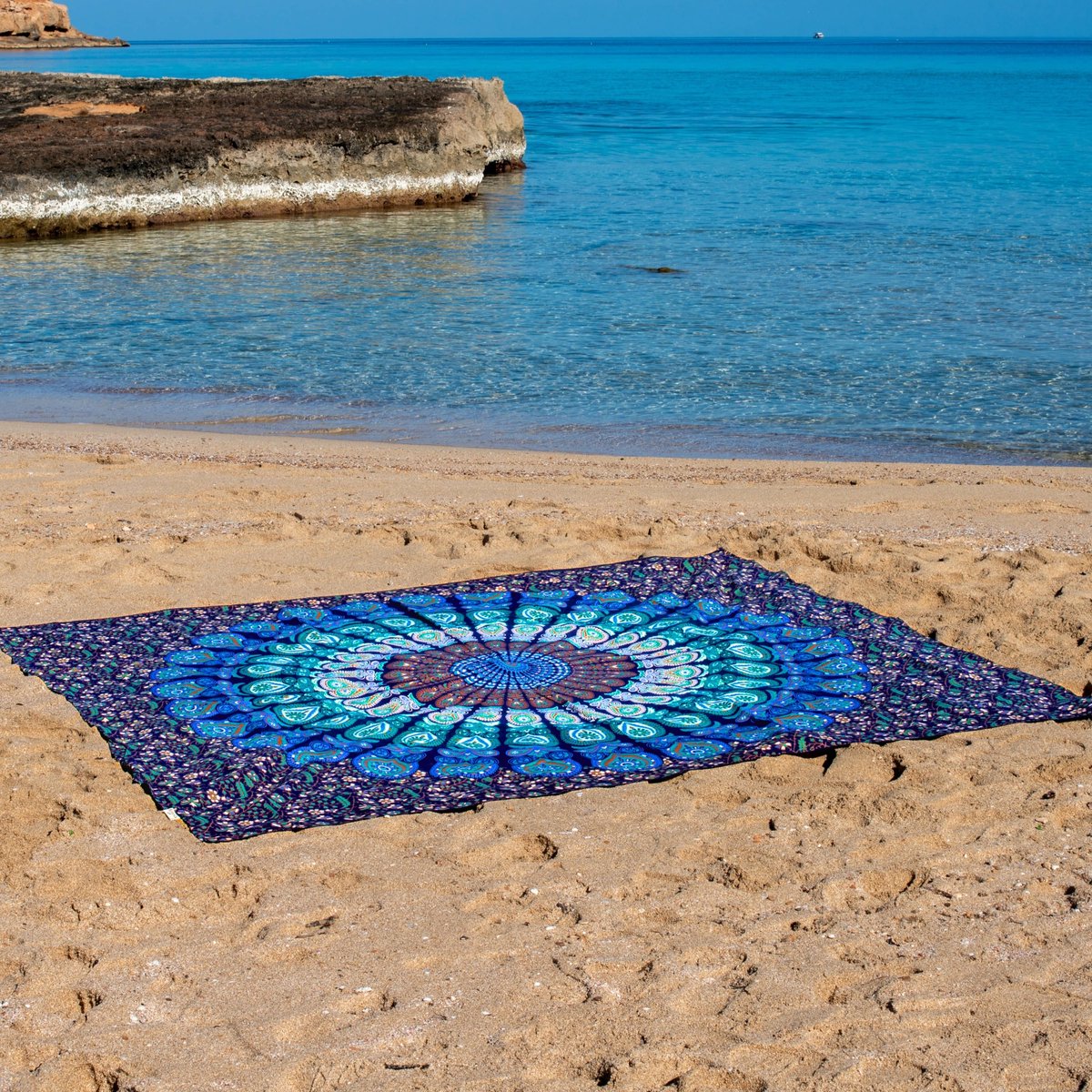 Bohemida - XXL Groot Vakantie Strandlaken -tweepersoons 220x235cm Ibiza Strandkleed - 100% Katoen - Blue Paradise (Blauw Mandala)- Sneldrogende Strandlakens