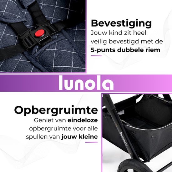 Zwarte kinderwagen met veilig 5-punts dubbele riem en veel opbergruimte.