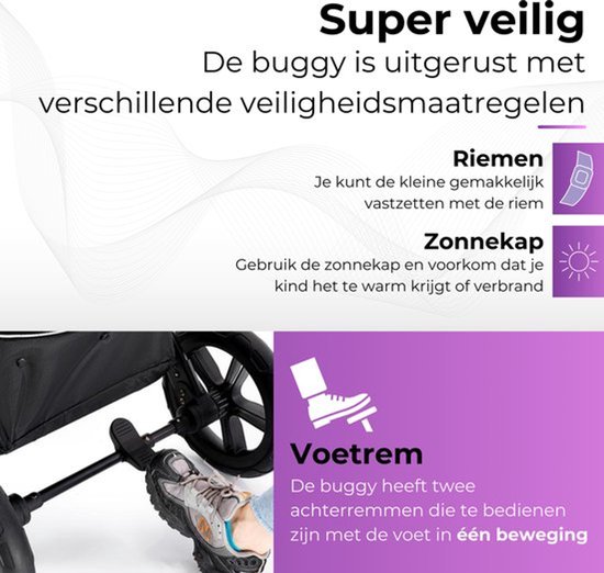 Zwarte kinderwagen met remmen en zonnekap. "Super veilig".