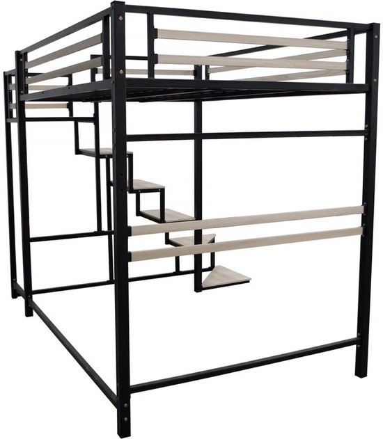Metalen hoogslaper met trap LENA - 140 x 200 cm - Zwart en walnootbruin