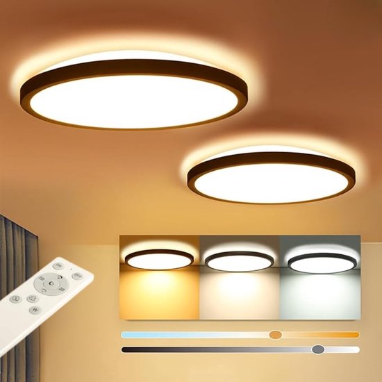 Plafonnier LED, plat, dimmable avec télécommande, rond, 24 W, 2400 lumens, IP44, 2,5 cm, ultra-mince, 30 x 30 cm, blanc, noir, pour chambre, salle de bain, chambre d'enfant, couloir