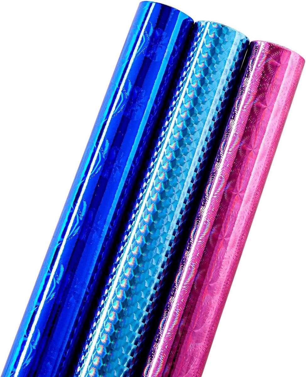 Holografisch Cadeaupapier Set - 3 Rollen Glanzend en Glinsterend voor Verjaardag, 44 cm x 5,2 m