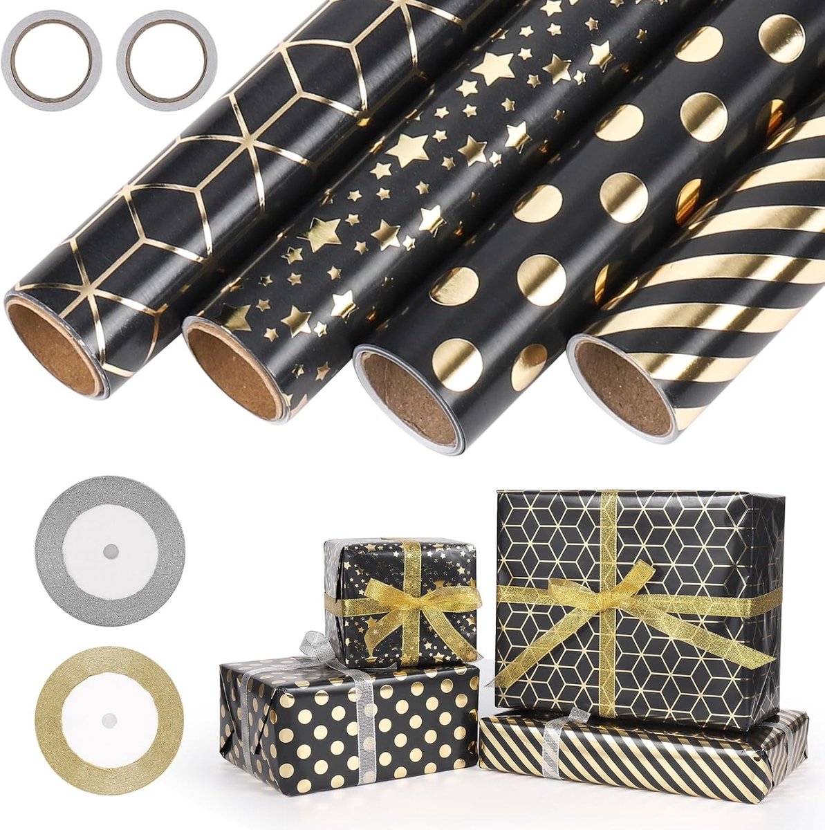 Cadeaupapier set met licentie: 4 rollen inpakpapier en lint voor elke gelegenheid