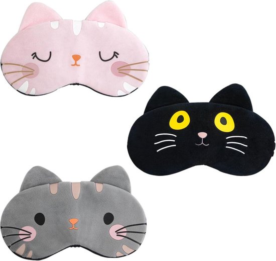 3 x cartoon-kattenslaapmasker voor kinderen met verstelbare bandjes van zacht pluche - set van 3 stuks