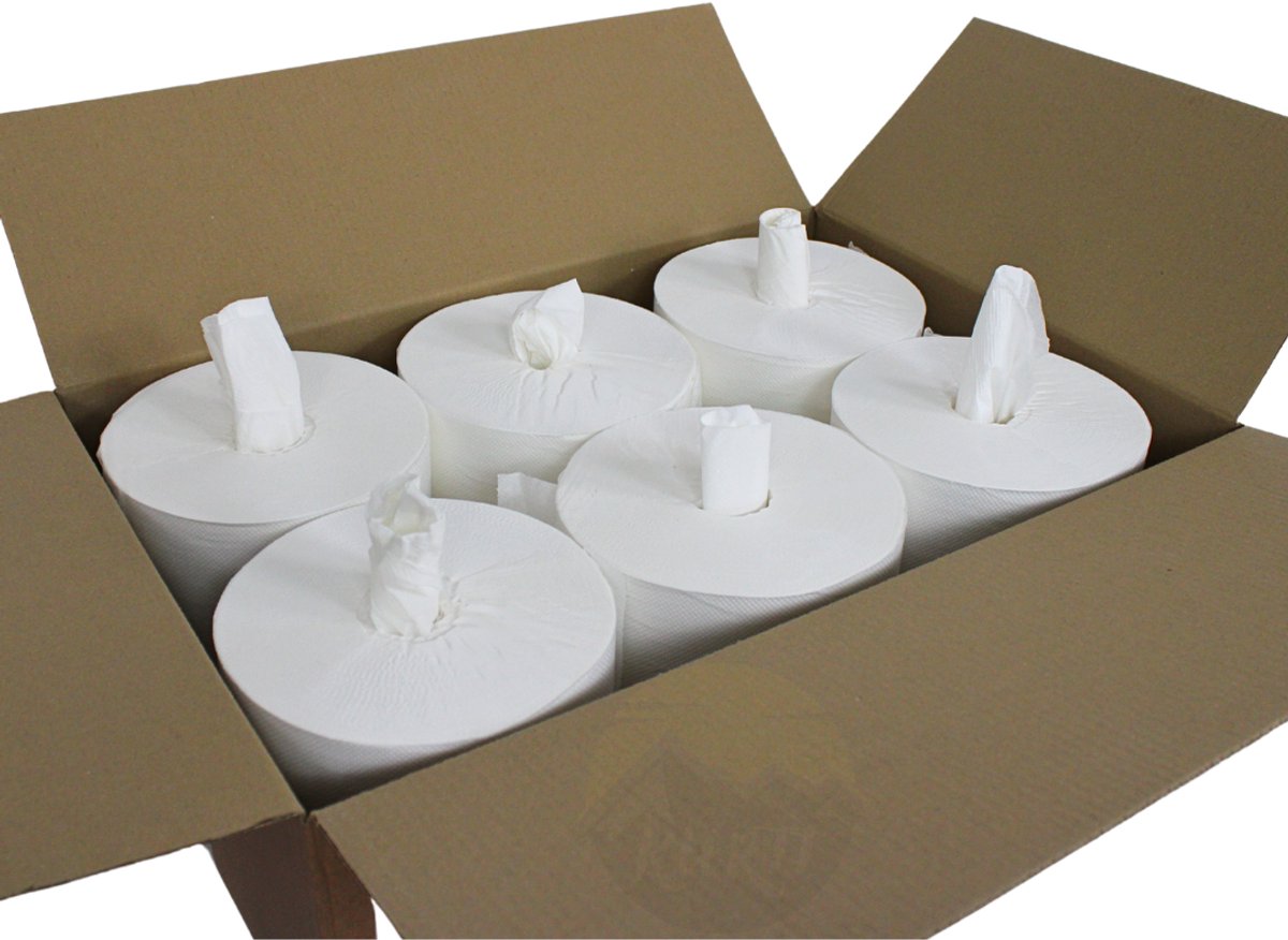 KURTT 6 handdoekrollen zonder koker! 300M, 1-laags cellulose poetspapier, poetsrollen voor industrie, werkplaats en restaurant (Wit, 300M, cellulose)
