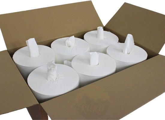 Bovenaanzicht van een open kartonnen doos gevuld met zes witte cellulose midi handdoekrollen.