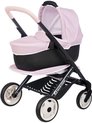 Roze en zwarte poppenwagen, met een roze kap en een zwart onderstel.