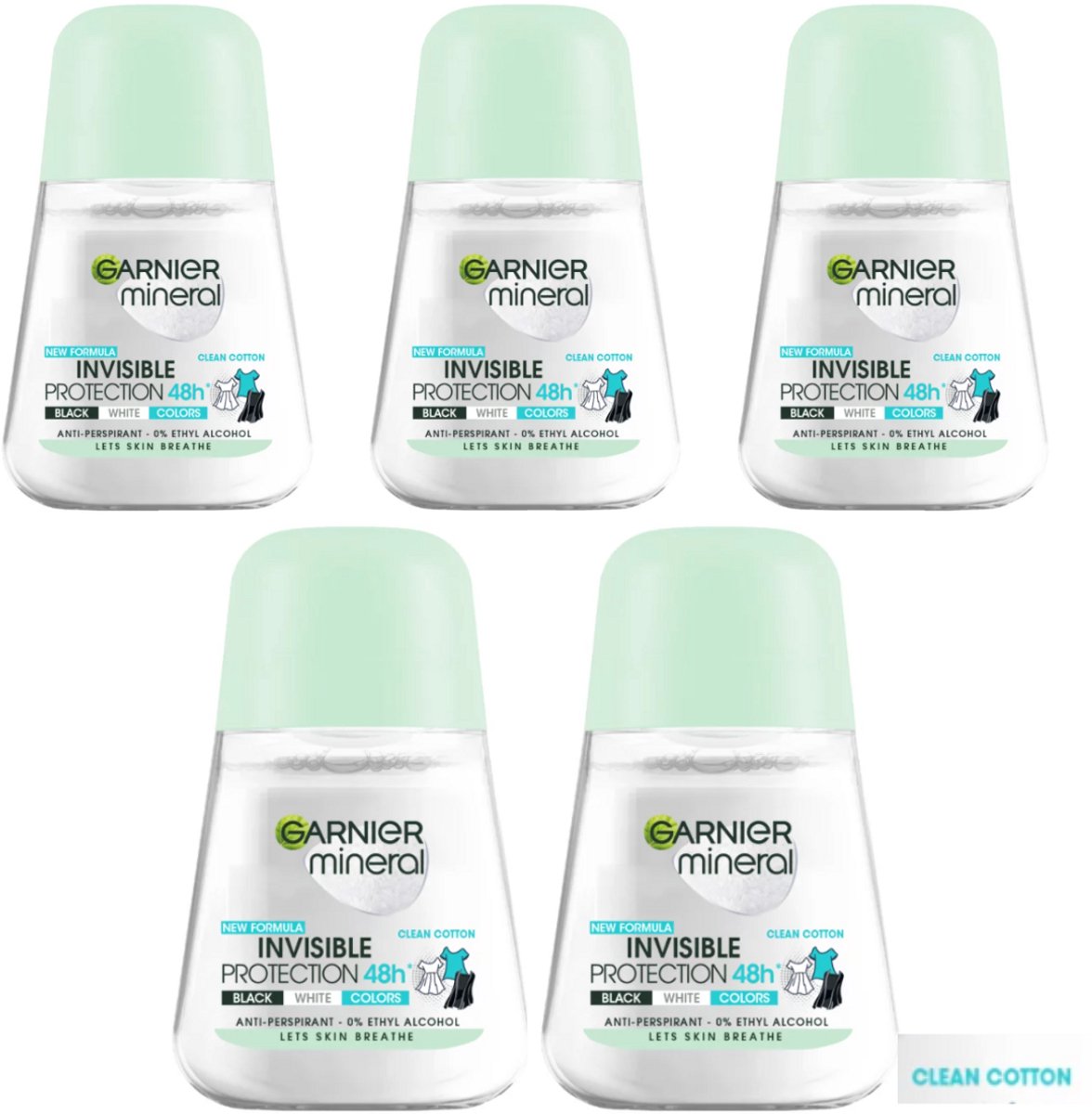 Garnier Mineral Invisible Protection Clean Cotton Deodorant Roll On - 5 x 50 ml
