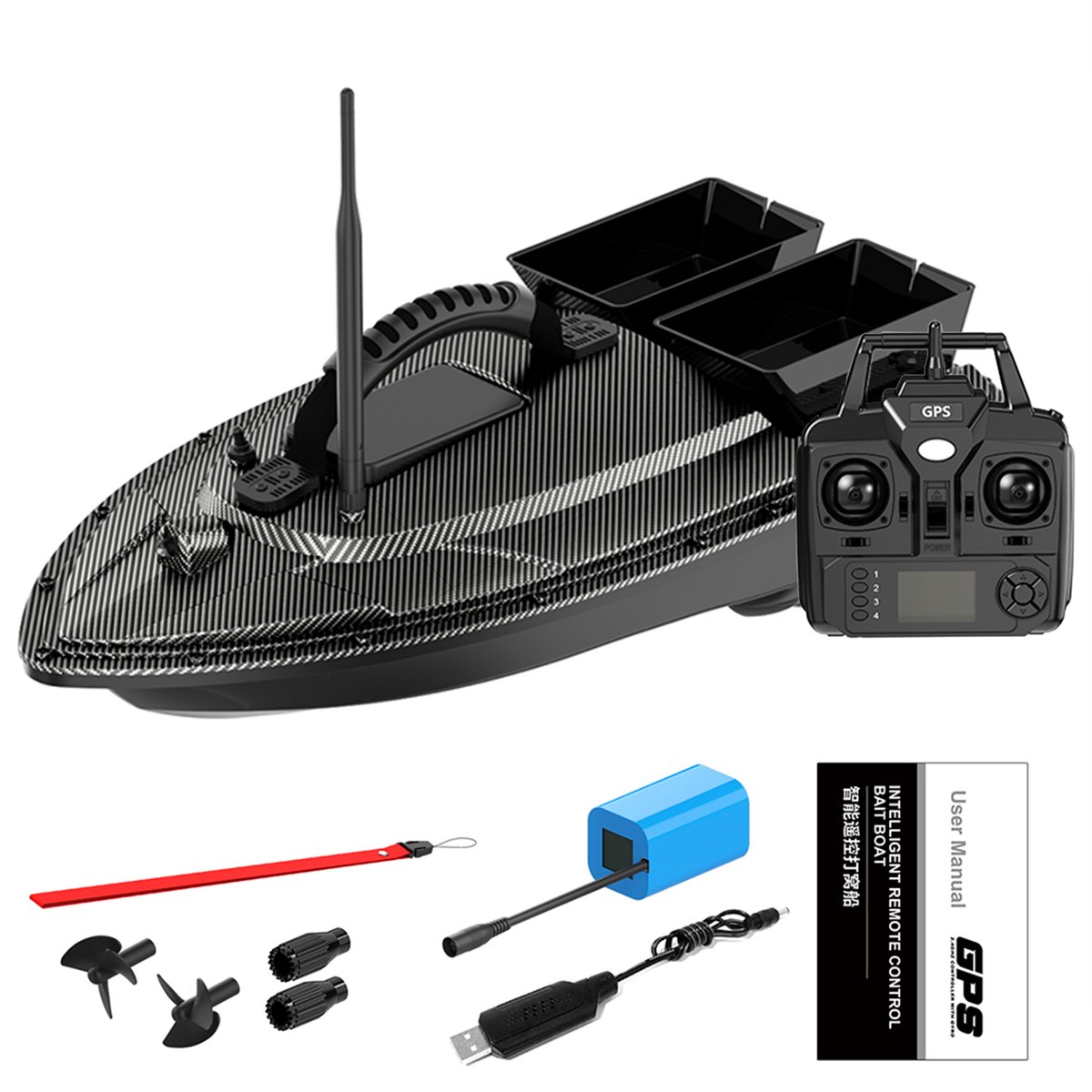 GPS Voerboot met 40 Geheugenpunten – Afstandsbediening tot 500m – Dubbele motoren–1,5 kg Draagvermogen– Terugkeerfunctie & Elektronische Omheining – 5200mAh Batterij – Carbon Design