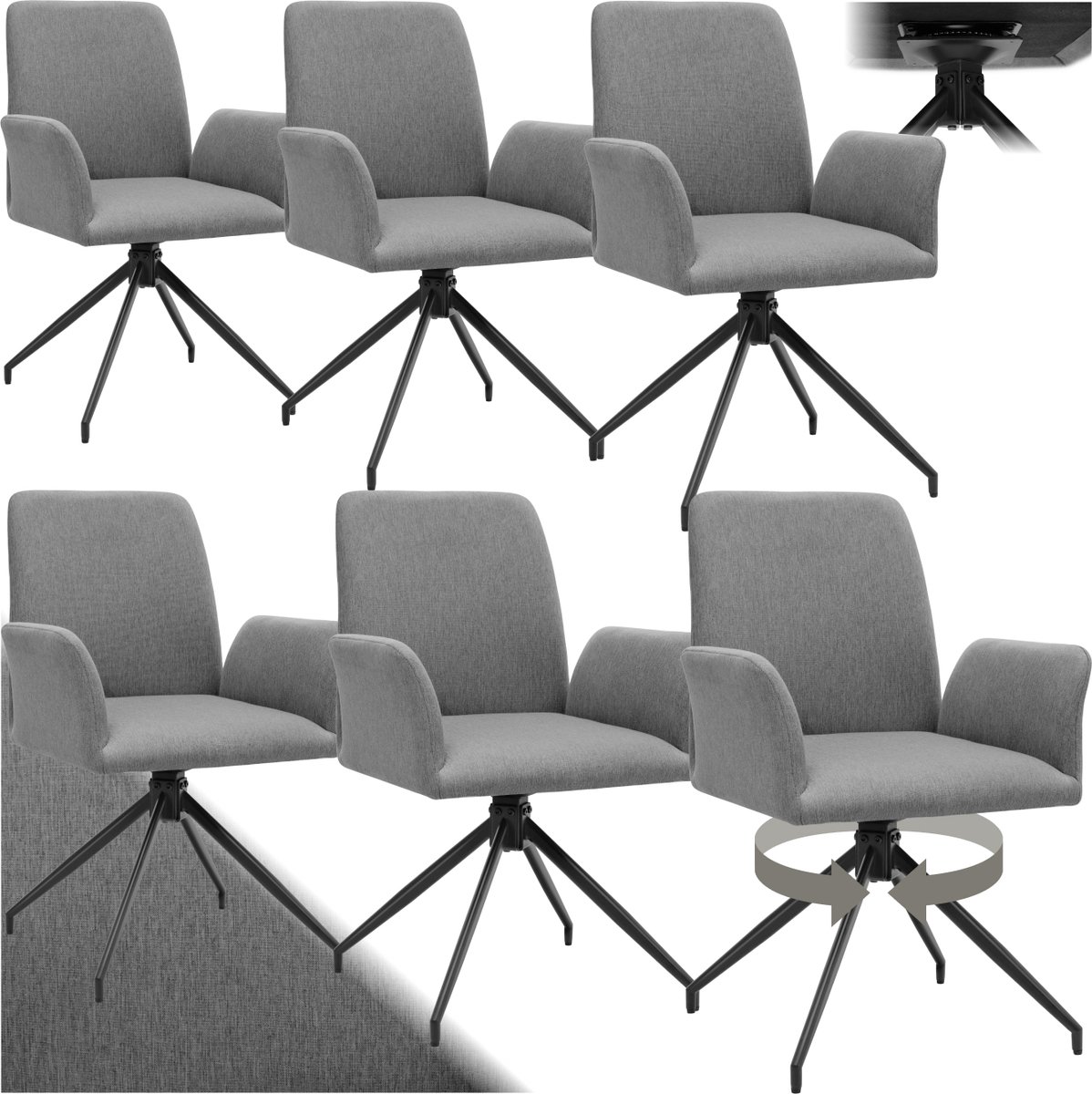 Tectake Draaistoel Daya - Set van 6 Draaifauteuils met Armleuning - 360° Draaibare Eetkamerstoel - Draaibare Fauteuils - Gestoffeerd - Draagkracht 150kg - Antraciet
