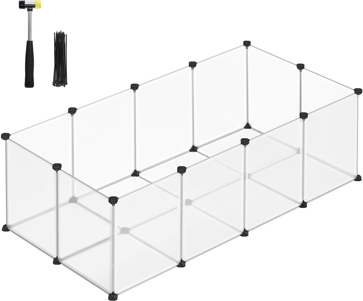 Knaagdierenren – Transparant – Modulair Huisdierenhek – Voor Konijn, Cavia, Hamster, Egel – Binnengebruik – 143x73x46 cm – Uitbreidbaar – Incl. Hamer & Kabelbinders
