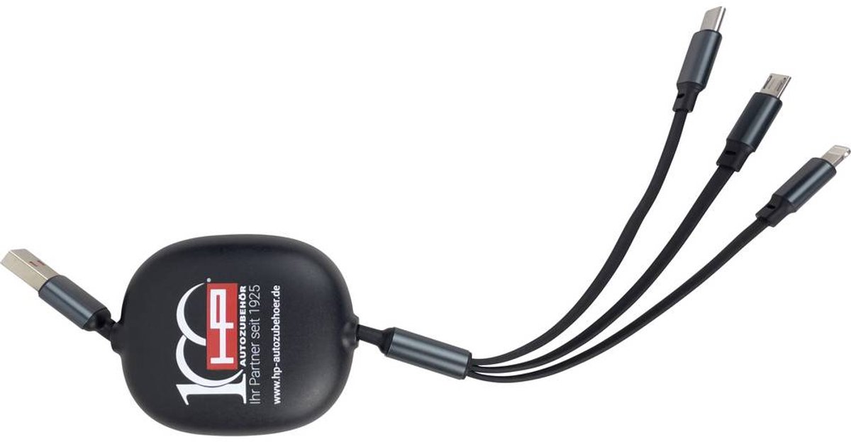 HP Autozubehör Ladekabel 3in1 ausziehbar USB-oplader 1x USB-C, 1x Apple Lightning, 1x Micro-USB Zwart Binnen