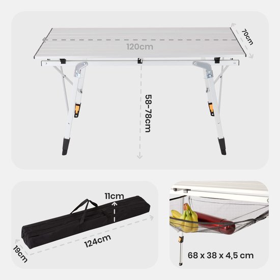 AREBOS campingtafel 120 x 70 cm roltafel aluminium klaptafel outdoor zilver van AREBOS — afbeelding 5