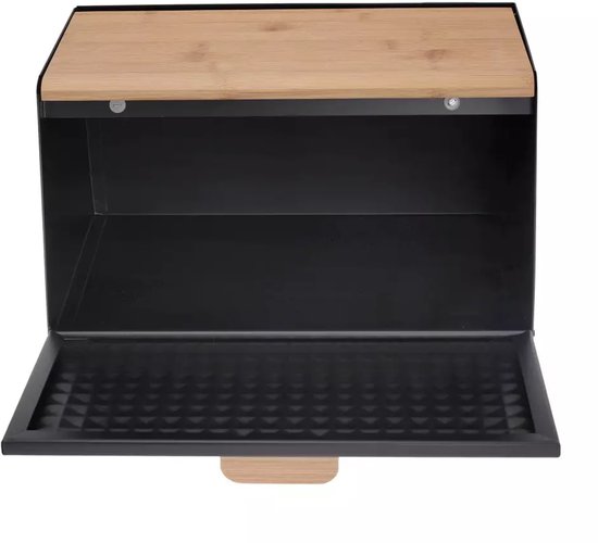 Boîte à pain noire Klausberg avec couvercle en bambou ouvert. Dimensions 35,5 x 21,5 x 20 cm.