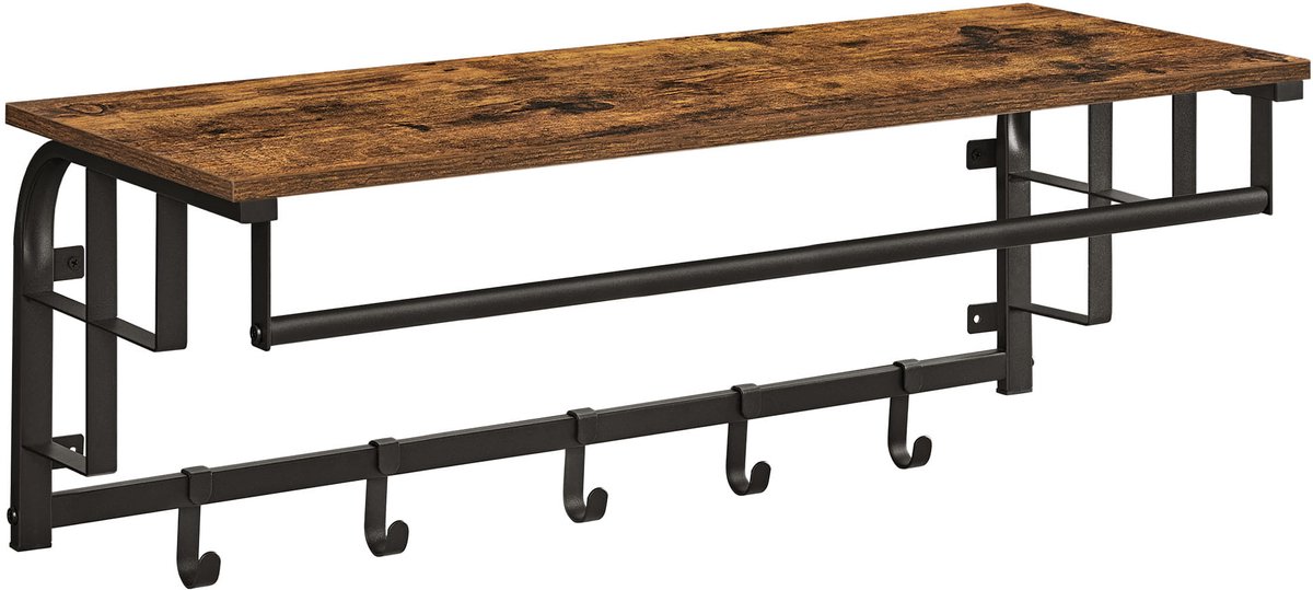 Wandplank met 5 Haken en Stang – Rustiek Houten Design met Metaal – Praktische Oplossing voor Hal, Gang, Kantoor of Badkamer – Stabiele Plank voor Jassen, Mantels, Sleutels en Meer, 80 x 30 x 27 cm