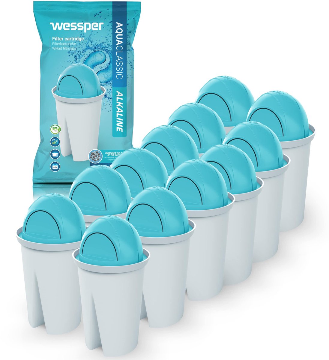 Wessper, 12 x waterfilterpatronen, alkalisch, vervanging voor waterfilterkan Aquaphor Standard, Brita Classic, Dafi Classic waterfilter, vermindert kalkaanslag en chloor, de pH van water verhogen, 12 stucks