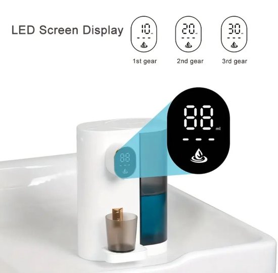 Witte mondwaterdispenser met vergroot digitaal display dat '88 ml' aangeeft. Iconen voor 1e, 2e en 3e versnelling met doseringen 10ml, 20ml, 30ml.