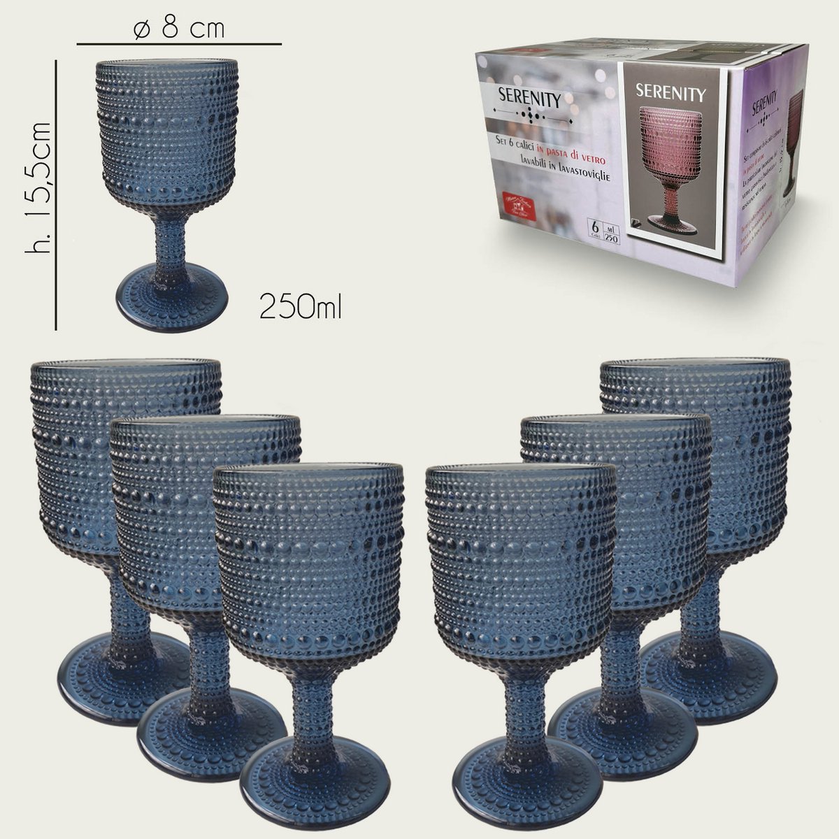 Arca Serenity Wijn/Waterglas op voet 250ml, blauw, set van 6 stuks, verpakt in een giftbox
