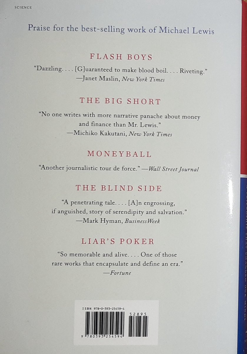Achterkant van een boek met prijzende citaten over Michael Lewis' werken.