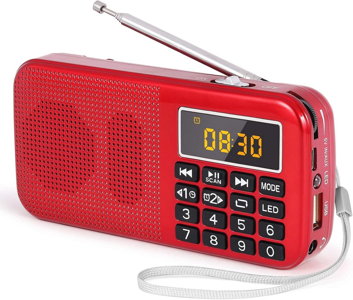 Draagbare Radio met Oplaadbare Batterij, FM Radio met Klok/Wekker en Noodverlichting, Ondersteuning voor MP3/SD/USB/AUX