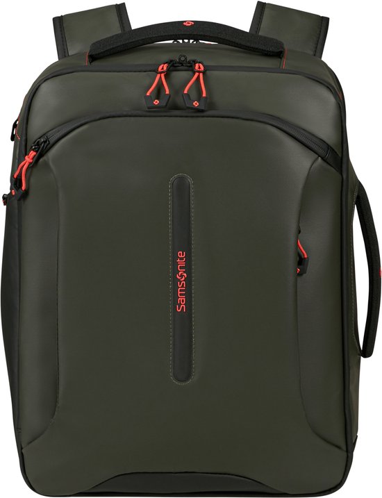 Groene Samsonite rugzak met rode ritsen, een verticale streep en oranje handgrepen.