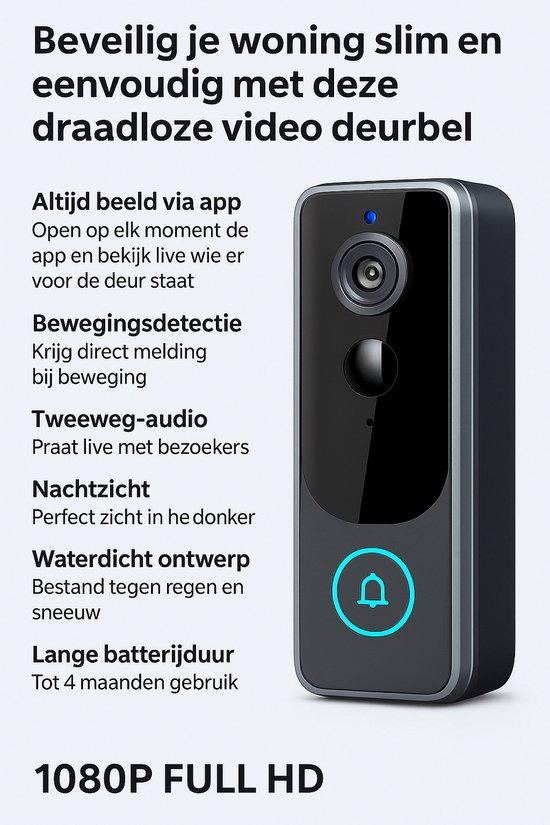 Video Deurbel met Camera - Slimme Deurbel - Videodeurbel met Bewegingsdetectie en Camerabewaking functie - Doorbell - Deurbellen met Camera