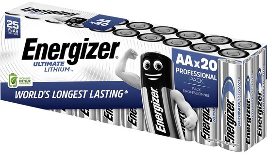 Piles Energizer Ultimate Lithium AA, paquet de 20 avec la mascotte montrant son muscle.