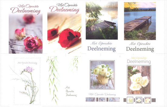 Collage van vier wenskaarten met bloemen en landschappen.