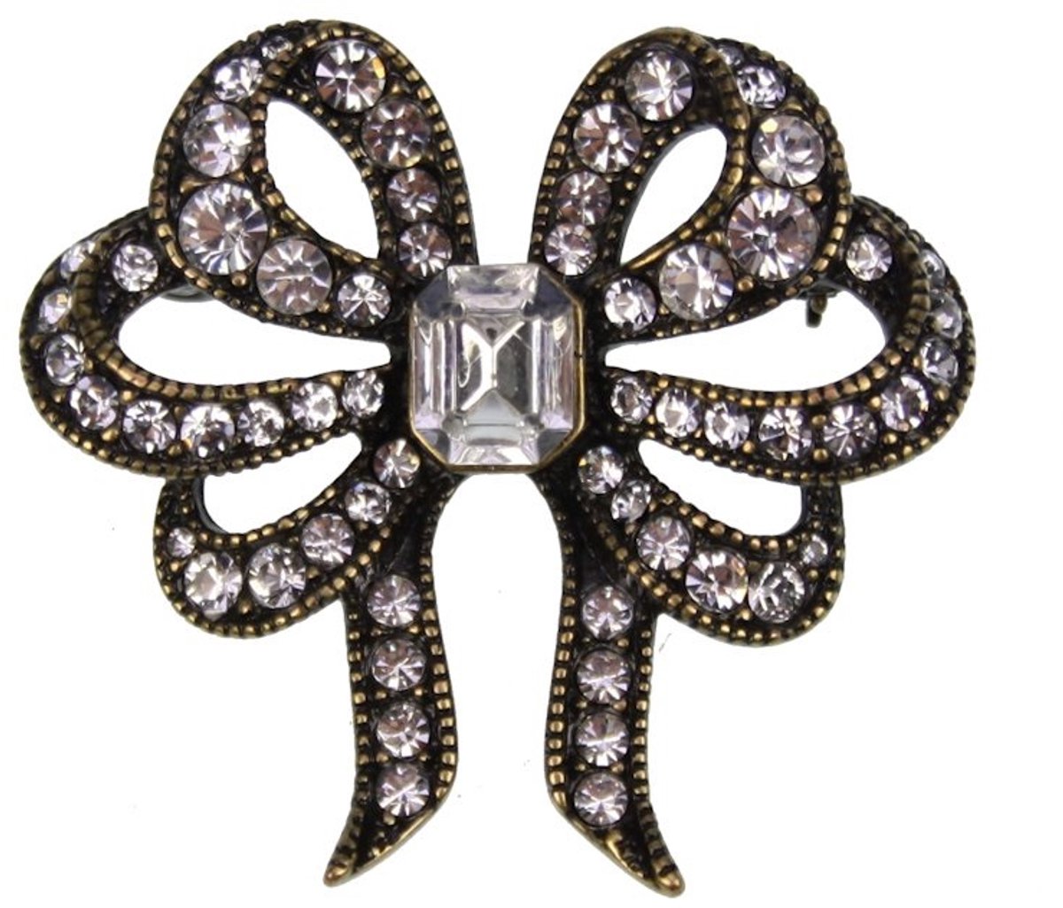 Broche Strik strass/antiek goudkl. 5x1x4,5cm