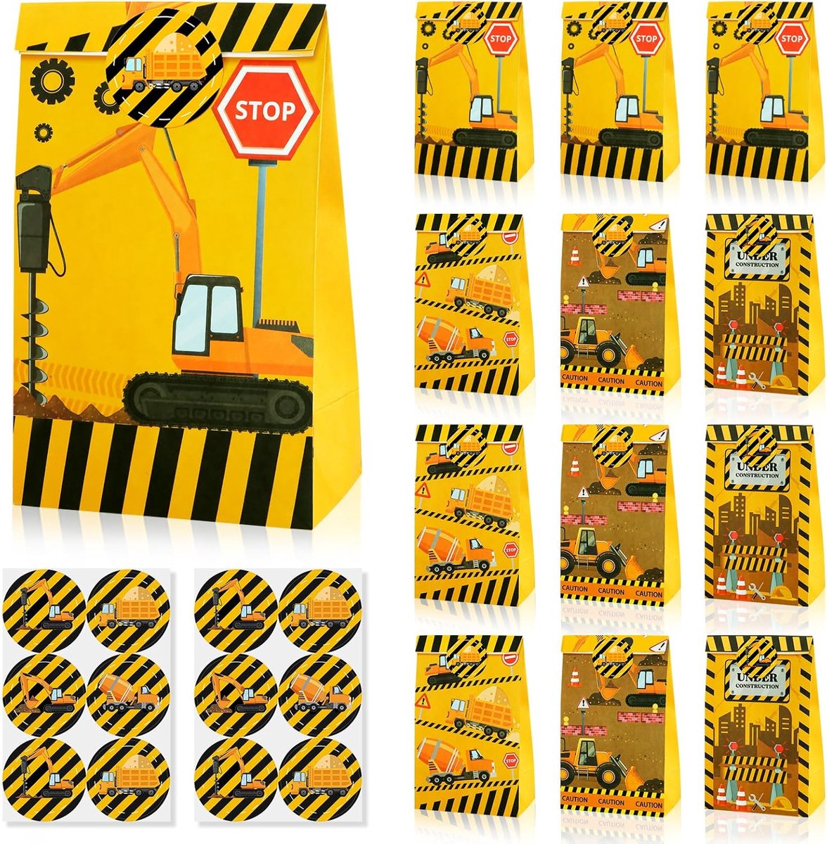Bouwplaatsfeest Geschenkzakjes en Stickers voor Kinderverjaardagen - 12 Stuks