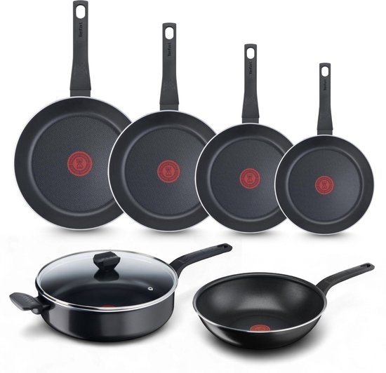 Tefal Easy Cook & Clean Pannenset - Koekenpannen 20/24/28/32cm + Wokpan 28cm + Hapjespan 28cm - Niet geschikt voor Inductie - Anti-aanbaklaag - Aluminium - Zwart