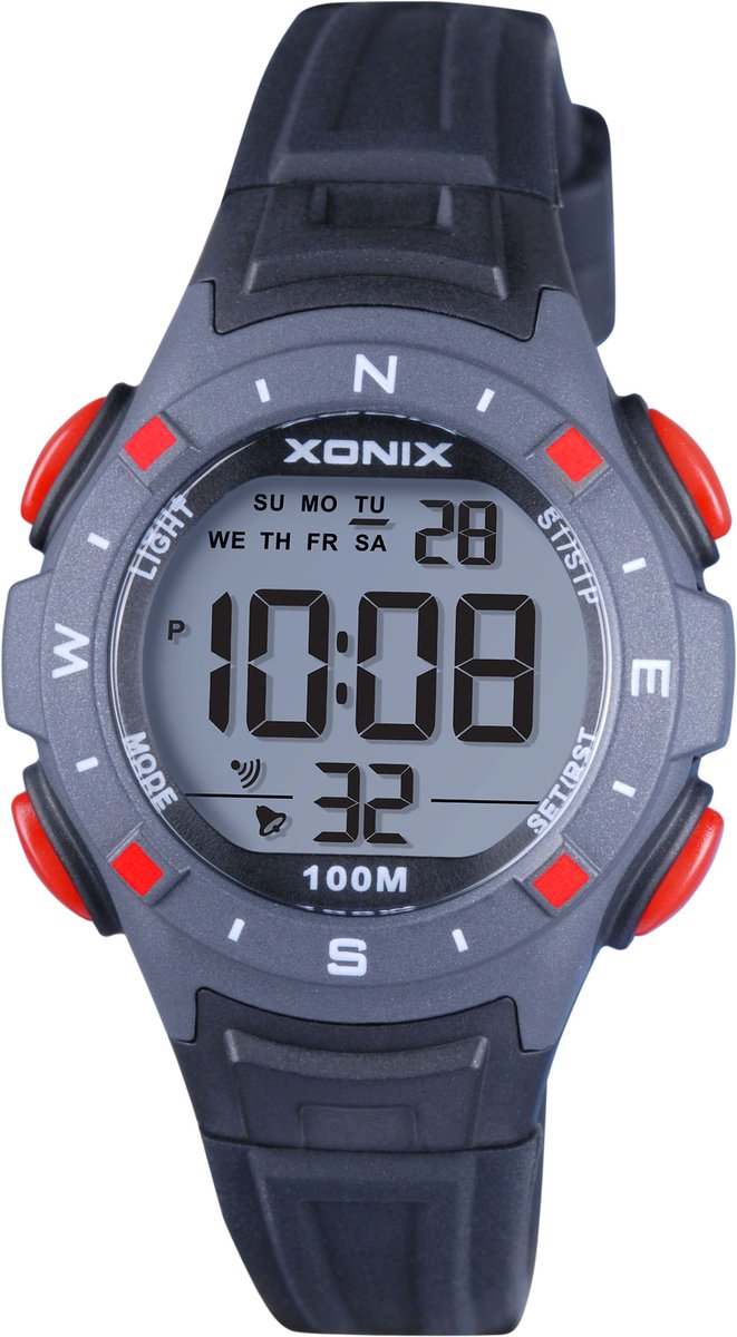 Xonix IB-A07 - Horloge - Polshorloge - Digitaal - Kinderen - Unisex - Rond - Siliconen band - ABS - Cijfers - Achtergrondverlichting - Datumaanduiding - Alarm - Start-Stop - 12-24u - Tweede tijdzone - Waterdicht - Zwart - Grijs - Rood