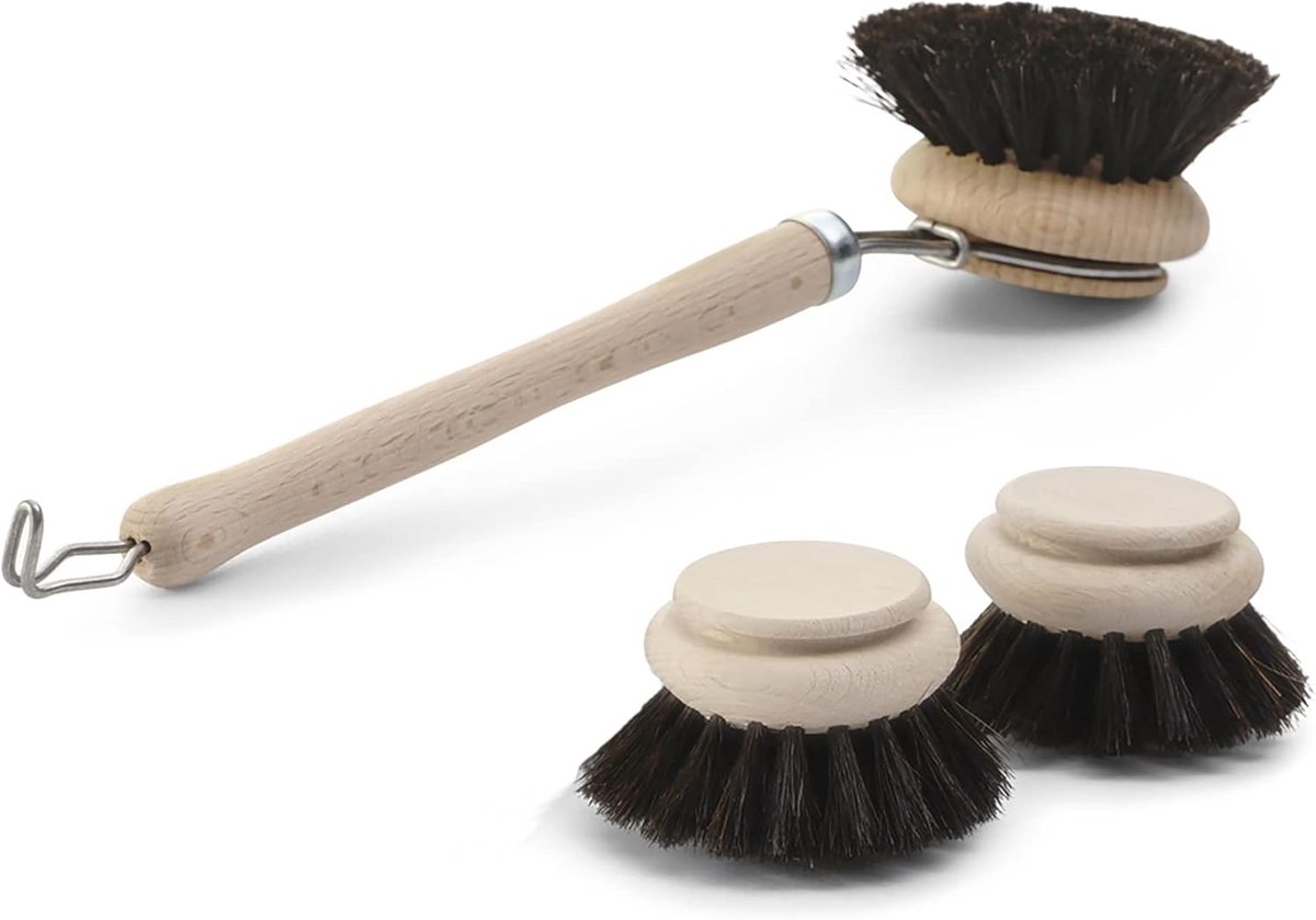3-delige set 1x afwasborstel I 2x reservekoppen I paardenhaar I hout I groot I afwasborstel keukenborstel afwasborstel schrobborstel schoonmaakborstel keukenborstel