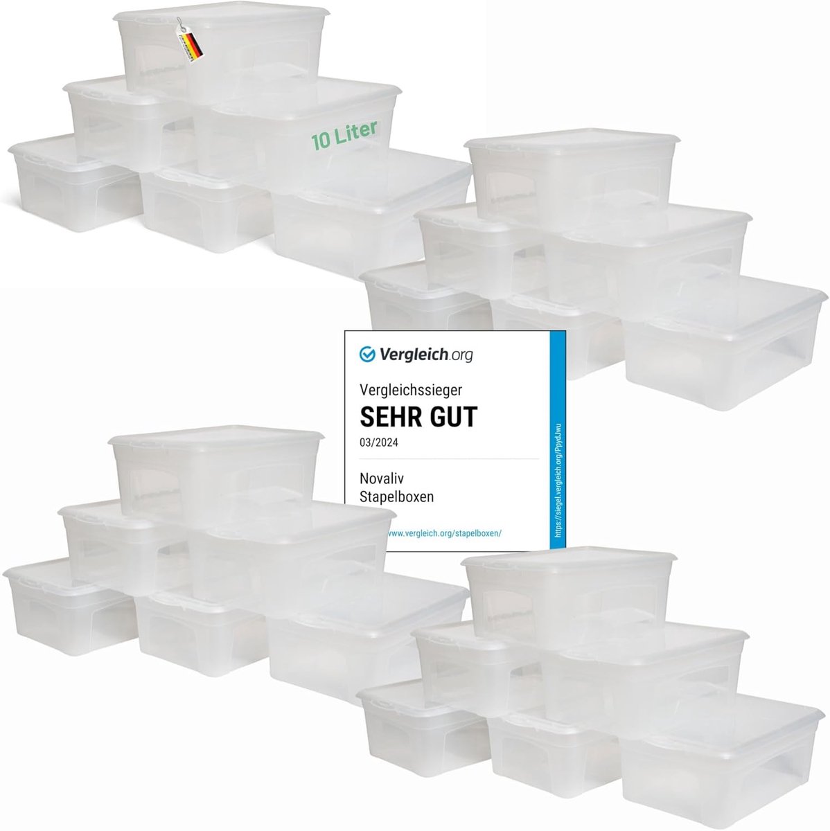 24x opbergdozen met deksel 10L transparante dozen stapelbaar nestbaar opbergdozen met clipsluiting kunststof BPA-vrij 37x26x14 cm