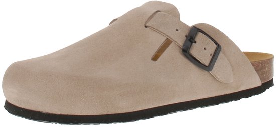 Zijaanzicht van een beige suède klomp met gesp.