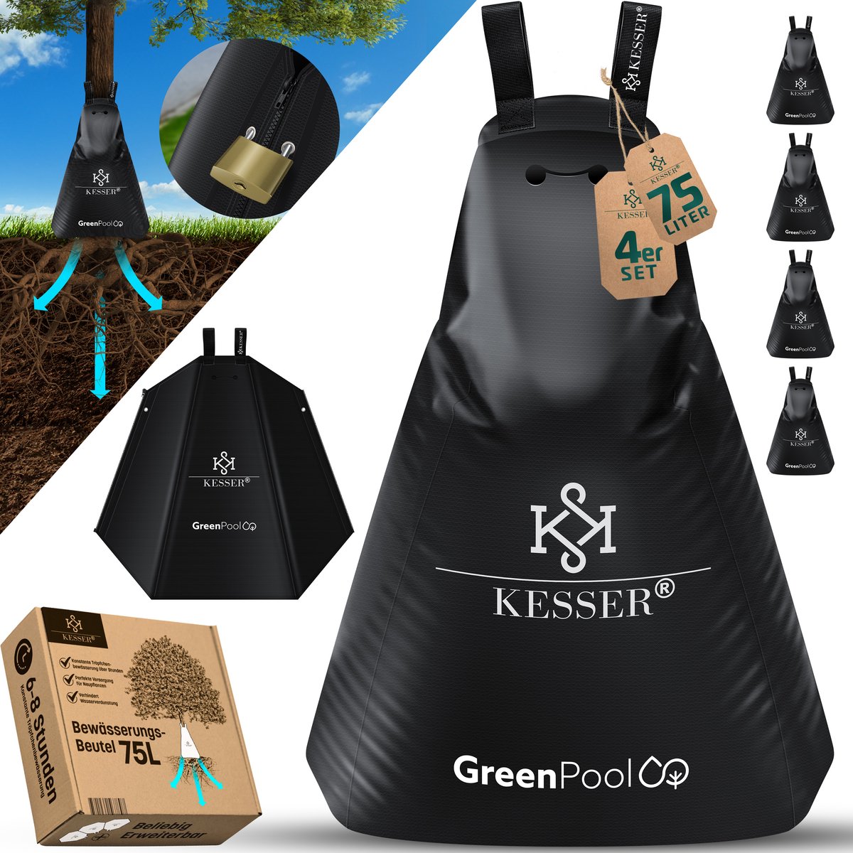 KESSER® Waterzak Boom - Druppelirrigatie - Druppelsysteem Boom - Irrigatiesysteem vor Bomen Bewateringssysteem - Waterzak voor bomen – UV-bestendig – Uitbreidbaar