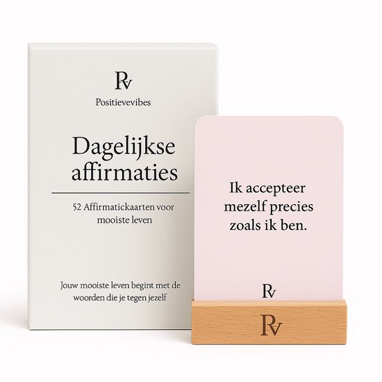 Positievevibes Mooiste Leven-serie – Dagelijkse Affirmatiekaarten – 52 kaarten – Met houten standaard – Voor motivatie, positiviteit & zelfliefde